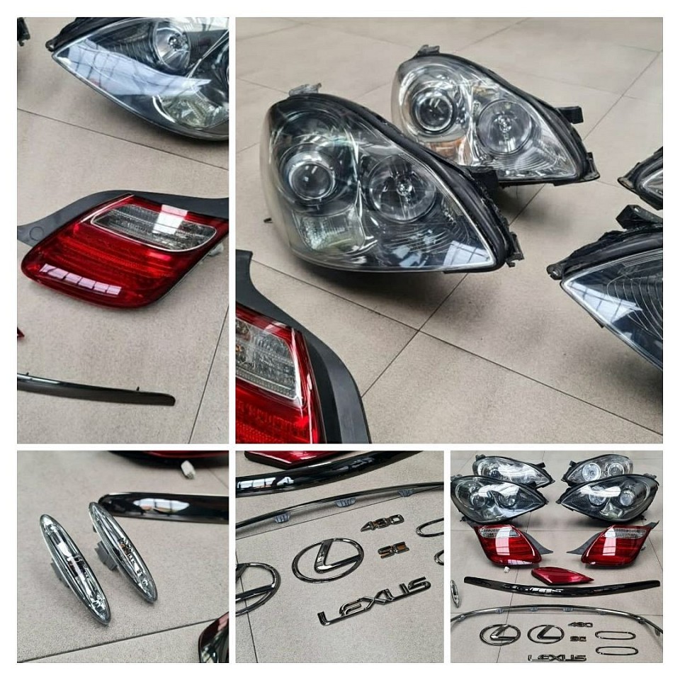 Front headlights (pair): $700  Rear tail lights (pair): $350  Side markers (pair): $80  Chrome trim & moldings (set): $150  Lexus emblems & badges (set): $100  Condition new